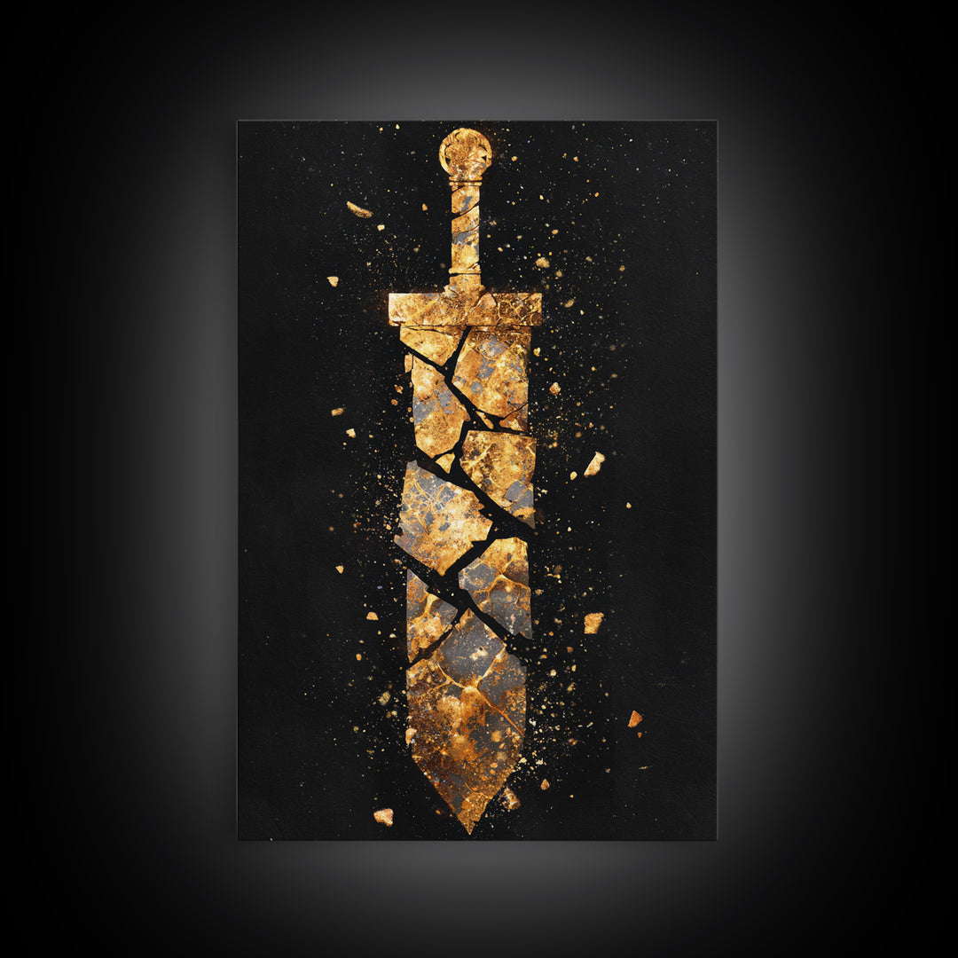 Shattered Sword Artwork, Exploding Blade Symbol Wall Art, Mythical Weapon Design, Ancient Esoteric Decor, Canvas Gold Canvas Print, Real Wood Frame
