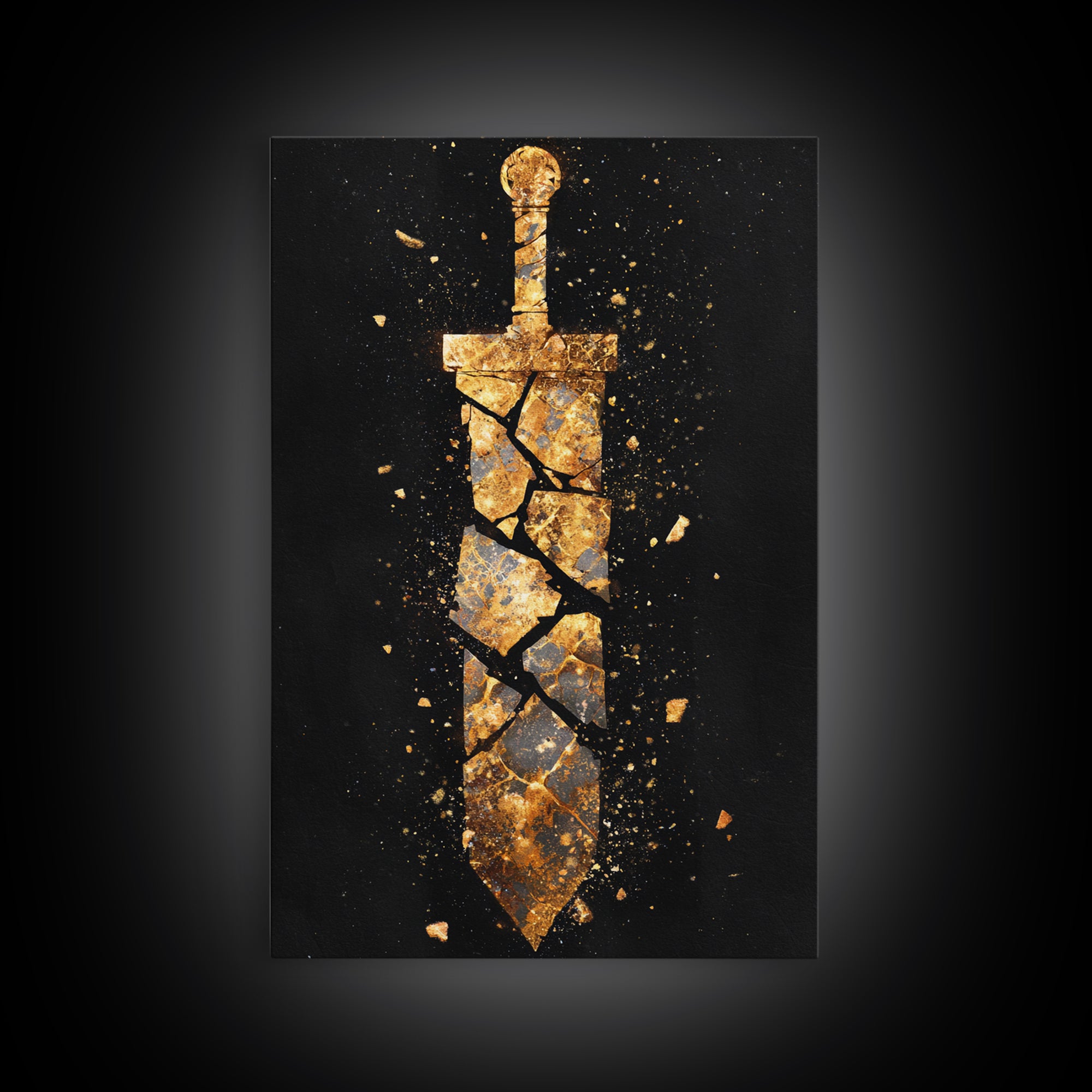 Shattered Sword Artwork, Exploding Blade Symbol Wall Art, Mythical Weapon Design, Ancient Esoteric Decor, Canvas Gold Canvas Print, Real Wood Frame