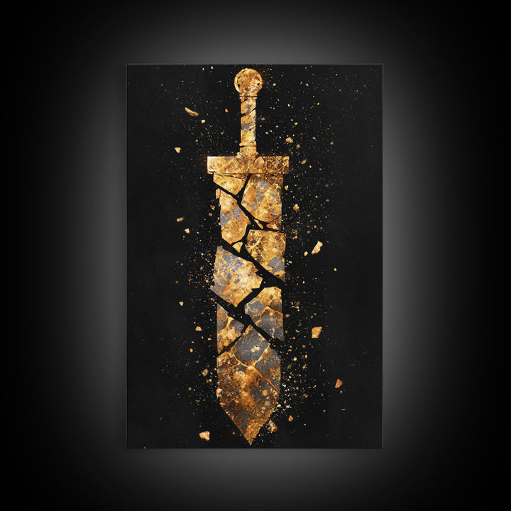 Shattered Sword Artwork, Exploding Blade Symbol Wall Art, Mythical Weapon Design, Ancient Esoteric Decor, Canvas Gold Canvas Print, Real Wood Frame