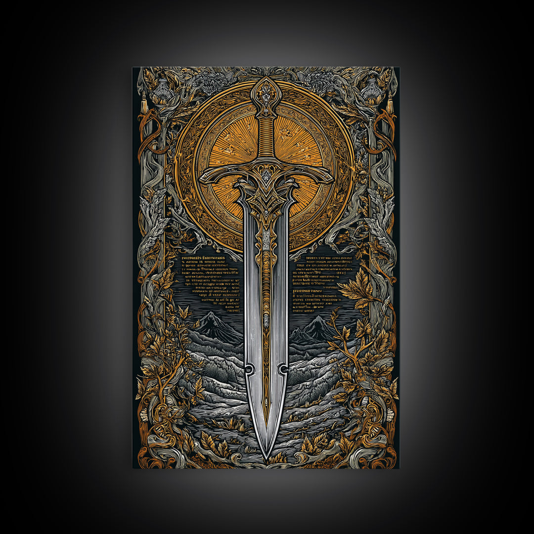 Mythical Sword Artwork, Celestial Blade And Sun Symbol Wall Art, Ornate Weapon Design, Ancient Inspired Decor, Canvas Gold Canvas Print, Real Wood Frame