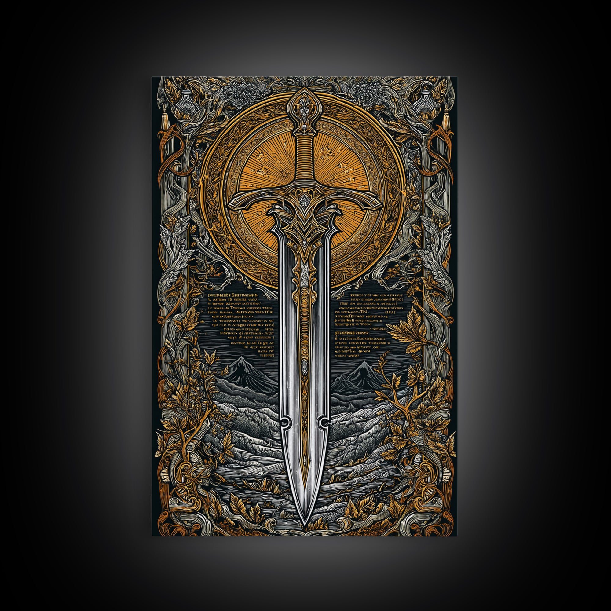 Mythical Sword Artwork, Celestial Blade And Sun Symbol Wall Art, Ornate Weapon Design, Ancient Inspired Decor, Canvas Gold Canvas Print, Real Wood Frame