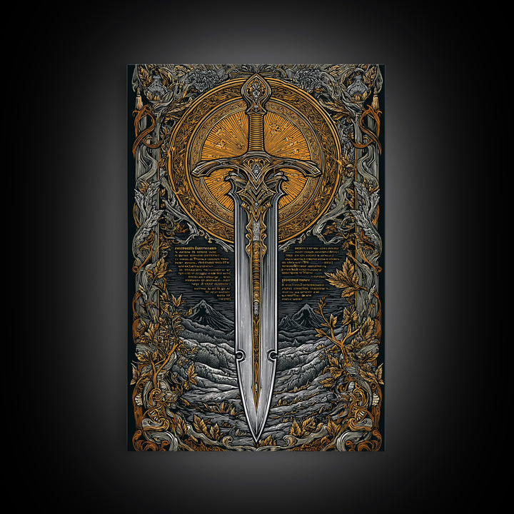 Mythical Sword Artwork, Celestial Blade And Sun Symbol Wall Art, Ornate Weapon Design, Ancient Inspired Decor, Canvas Gold Canvas Print, Real Wood Frame