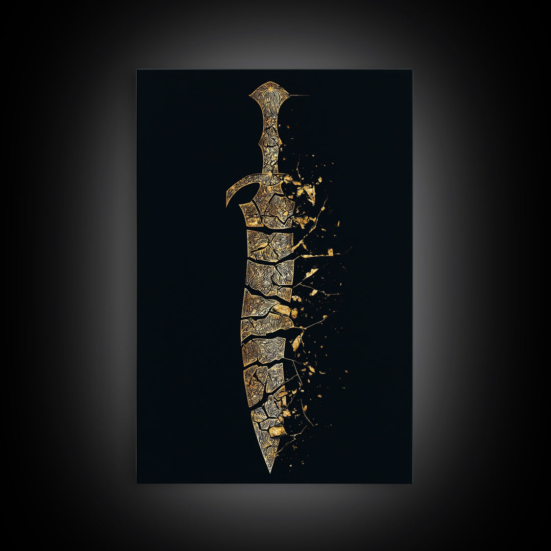 Ancient Broken Sword Artwork, Esoteric Cracked Blade Symbol Wall Art, Mythical Weapon Decor, Canvas Gold Canvas Print, Real Wood Frame