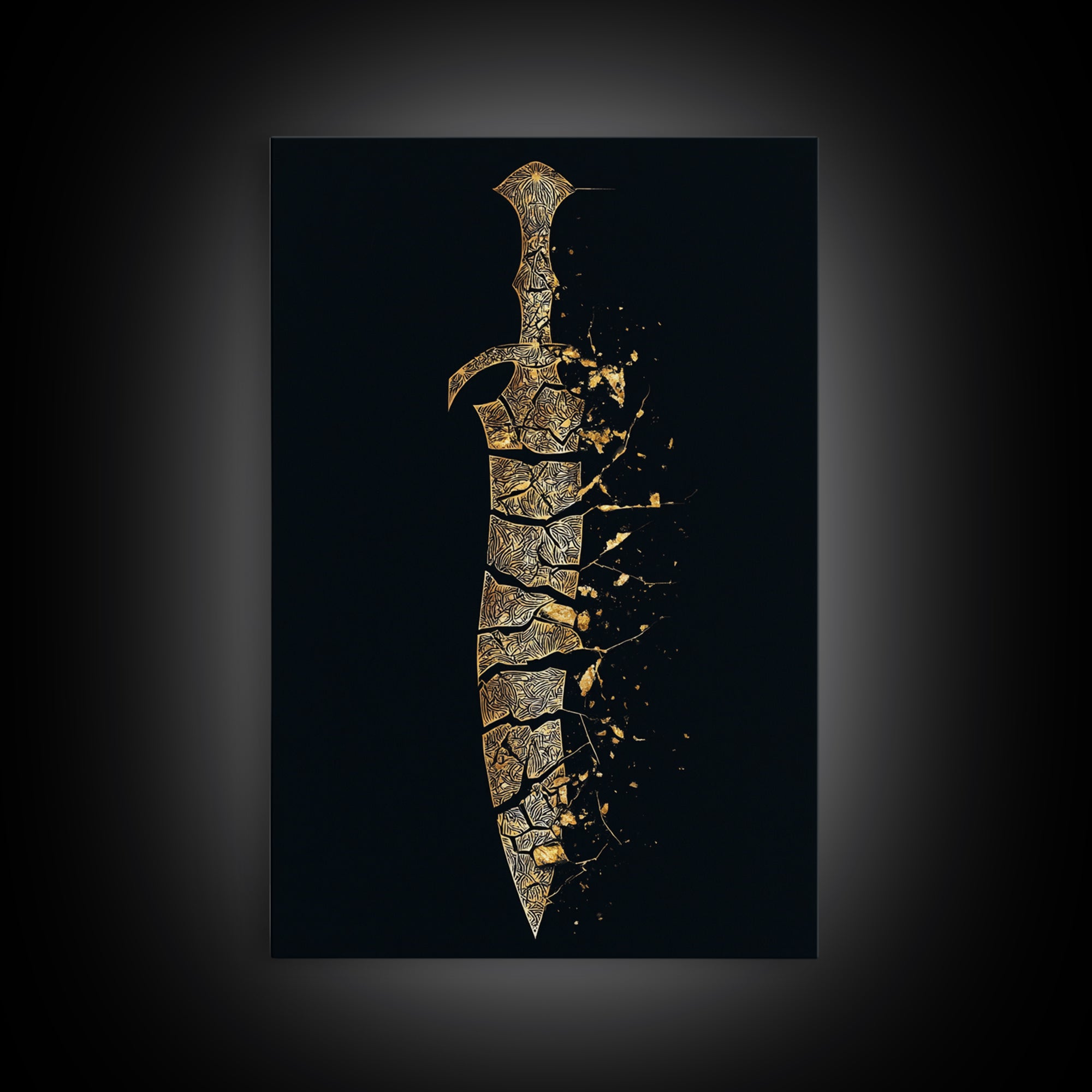 Ancient Broken Sword Artwork, Esoteric Cracked Blade Symbol Wall Art, Mythical Weapon Decor, Canvas Gold Canvas Print, Real Wood Frame
