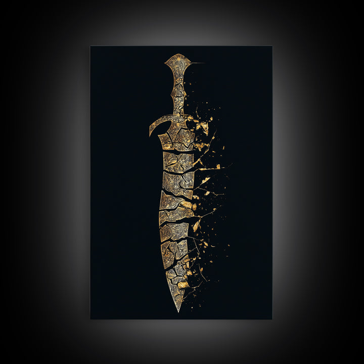Ancient Broken Sword Artwork, Esoteric Cracked Blade Symbol Wall Art, Mythical Weapon Decor, Canvas Gold Canvas Print, Real Wood Frame