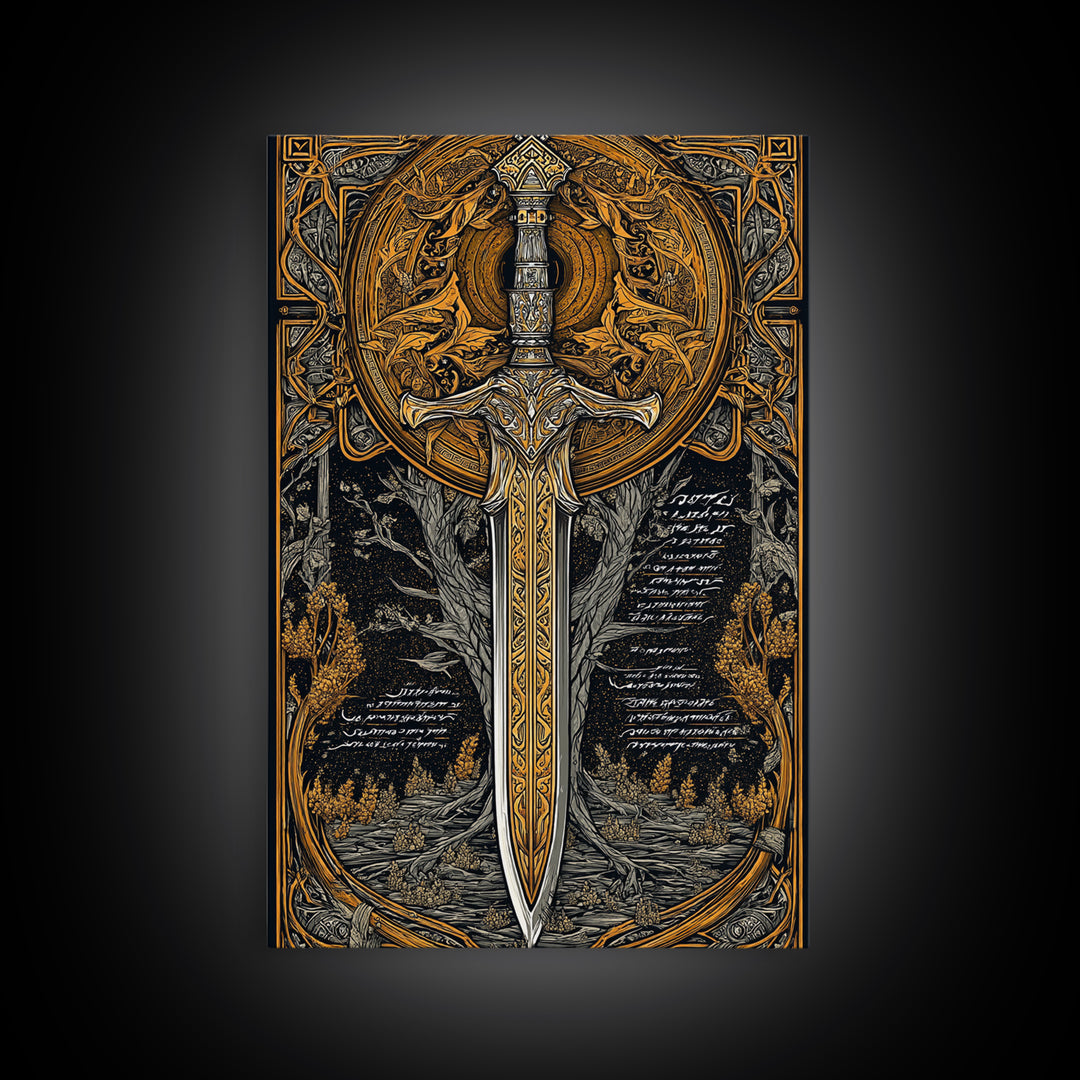 Celestial Sword Artwork, Mythical Blade Surrounded By Ornate Sun Symbol, Ancient Weapon Design, Canvas Gold Canvas Print, Real Wood Frame
