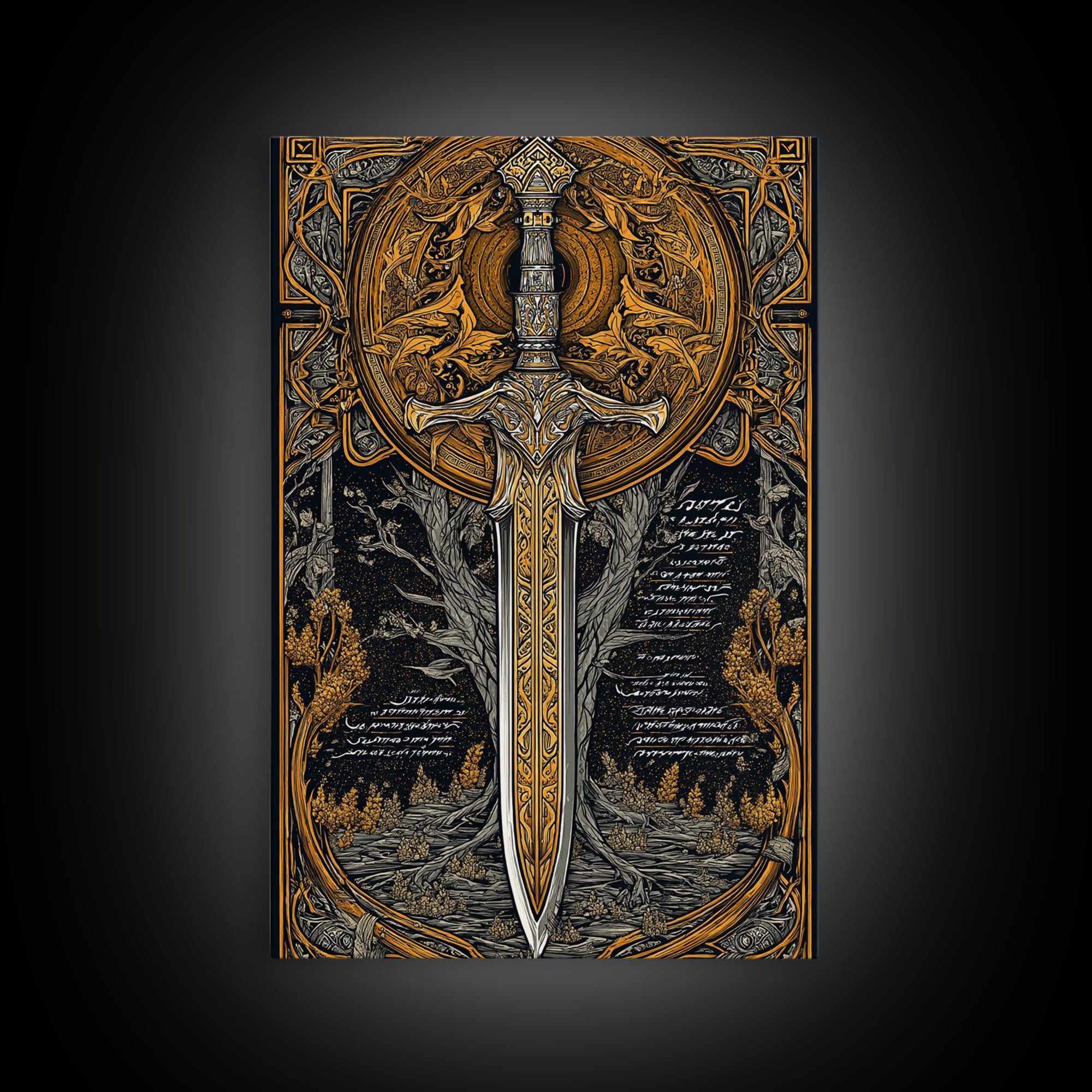 Celestial Sword Artwork, Mythical Blade Surrounded By Ornate Sun Symbol, Ancient Weapon Design, Canvas Gold Canvas Print, Real Wood Frame