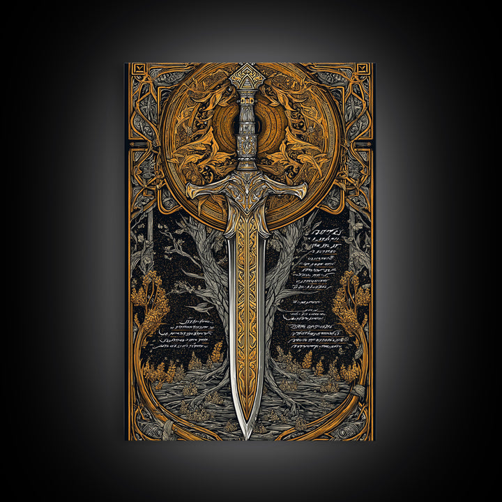 Celestial Sword Artwork, Mythical Blade Surrounded By Ornate Sun Symbol, Ancient Weapon Design, Canvas Gold Canvas Print, Real Wood Frame