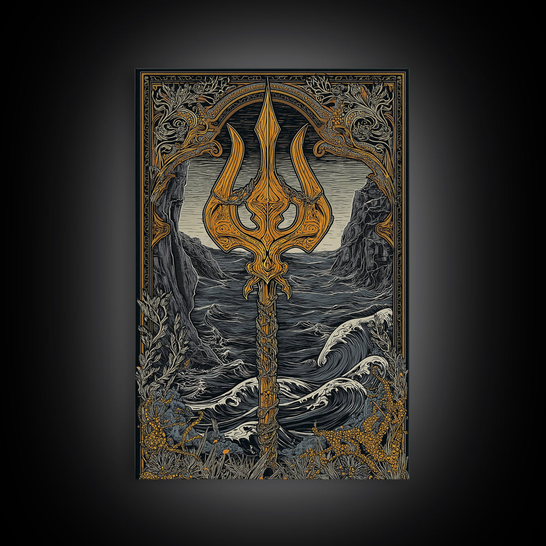 Mythical Trident Artwork, Ocean Waves And Ancient Sea God Symbol Wall Art, Nautical Decor, Canvas Gold Canvas Print, Real Wood Frame
