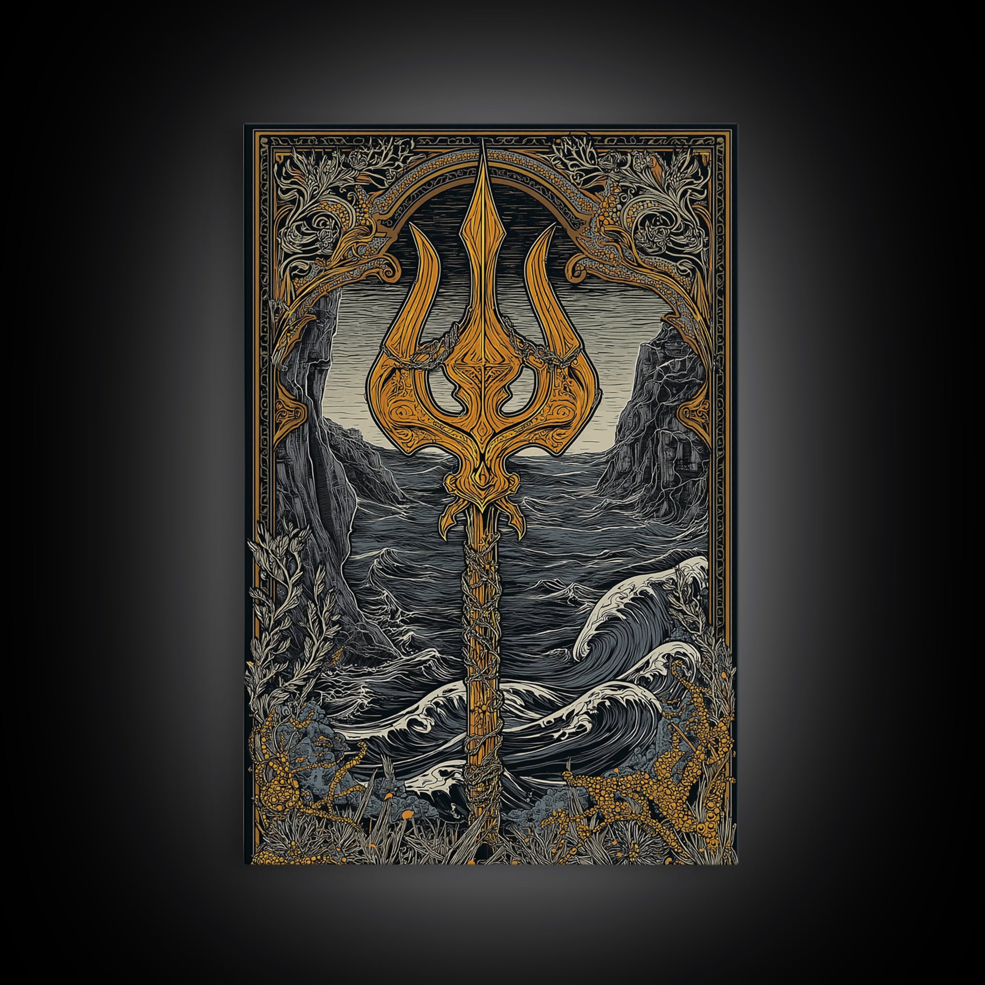 Mythical Trident Artwork, Ocean Waves And Ancient Sea God Symbol Wall Art, Nautical Decor, Canvas Gold Canvas Print, Real Wood Frame