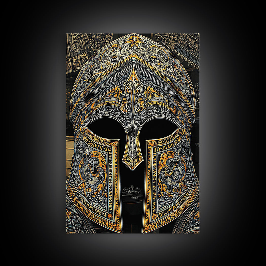 Floral Engraved Ancient Warrior Helmet Design – Canvas Gold Art, Classic Canvas Art in Real Wood Frame, Greek History Wall Decor