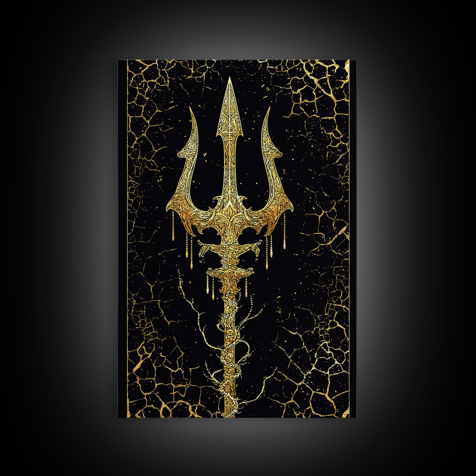 Ornate Trident Artwork, Mystical Sea God Weapon Symbol Wall Art, Ancient Nautical Decor, Mythical Design, Canvas Gold Canvas Print, Real Wood Frame