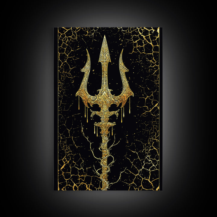 Ornate Trident Artwork, Mystical Sea God Weapon Symbol Wall Art, Ancient Nautical Decor, Mythical Design, Canvas Gold Canvas Print, Real Wood Frame