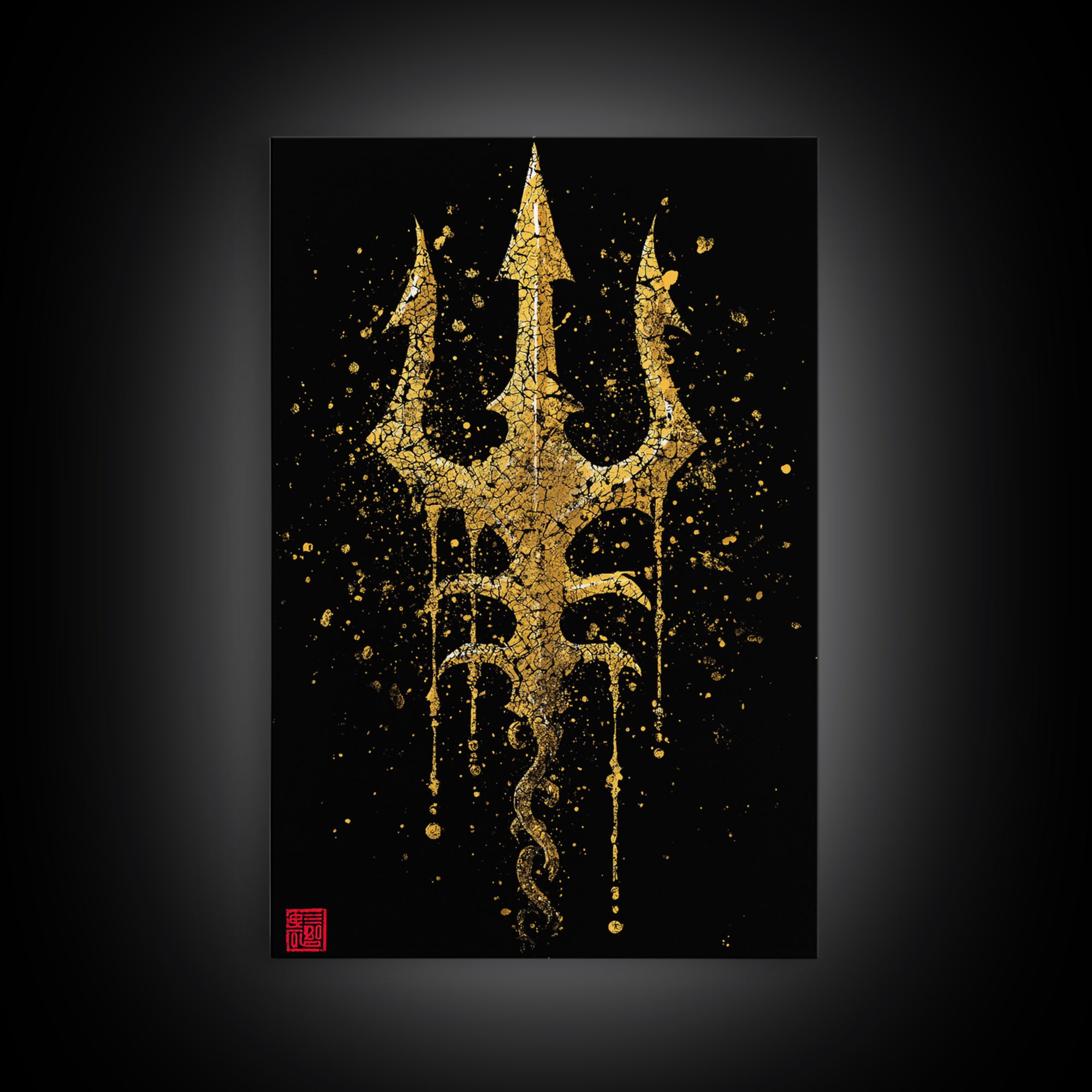 Canvas Gold Canvas Print, Poseidon Trident Wall Art, Mythology Home Decor, Real Wood Frame, Ancient Greek Symbol Artwork