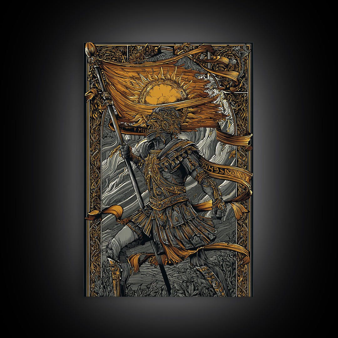 Canvas Gold Art, Greek Warrior Holding Banner, Mythology Wall Decor, Real Wood Frame, Ancient Hero Decorative Artwork