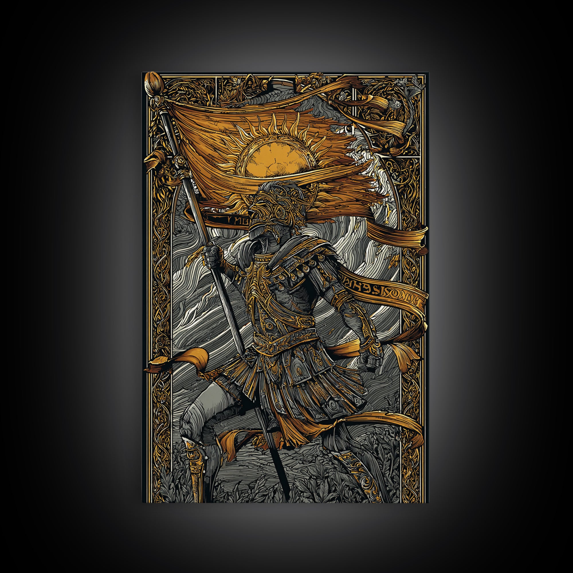 Canvas Gold Art, Greek Warrior Holding Banner, Mythology Wall Decor, Real Wood Frame, Ancient Hero Decorative Artwork