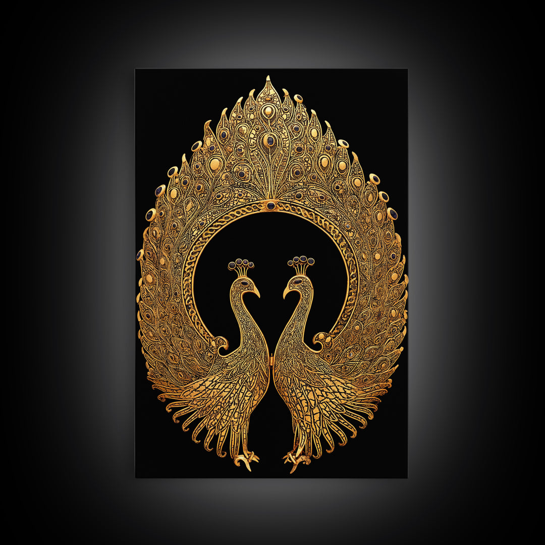 Canvas Gold Canvas Print, Ornate Peacock Wall Art, Mythology Inspired Decor, Real Wood Frame, Decorative Royal Artwork