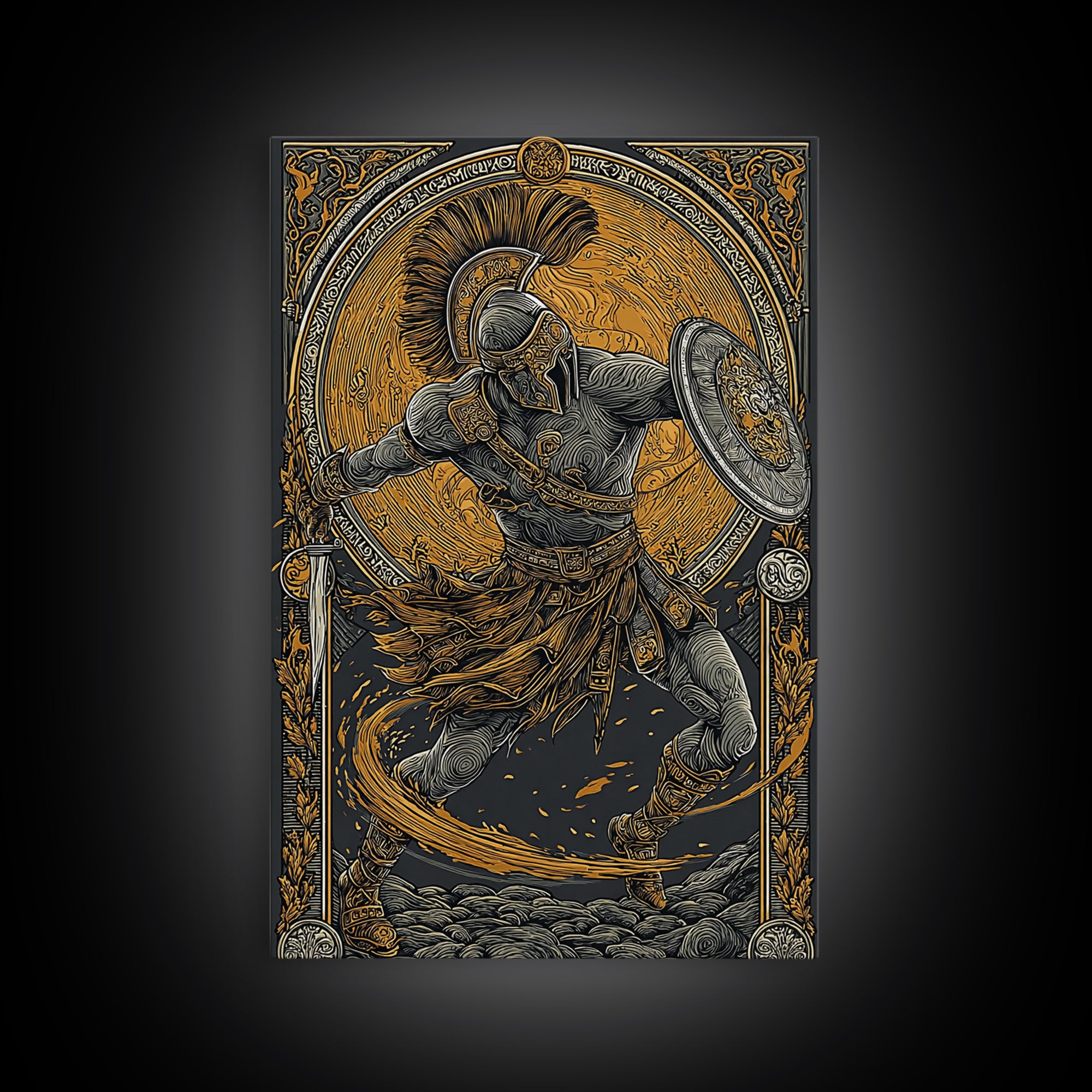 Canvas Gold Art, Spartan Warrior Wall Print, Mythology Inspired Decor, Real Wood Frame, Ancient Greek Hero Artwork