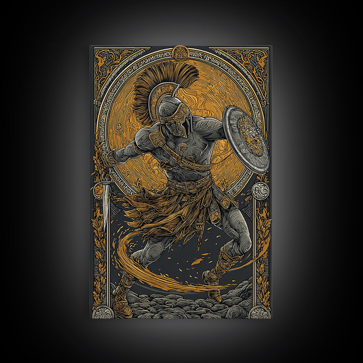 Canvas Gold Art, Spartan Warrior Wall Print, Mythology Inspired Decor, Real Wood Frame, Ancient Greek Hero Artwork