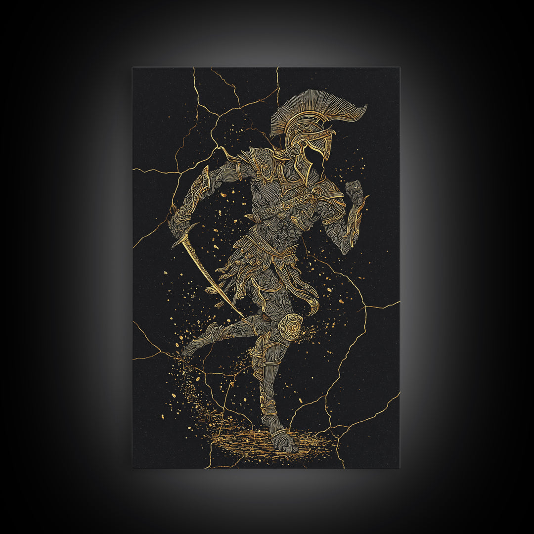 Canvas Gold Canvas Print, Spartan Runner Wall Art, Mythology Warrior Decor, Real Wood Frame, Ancient Greek Hero Artwork
