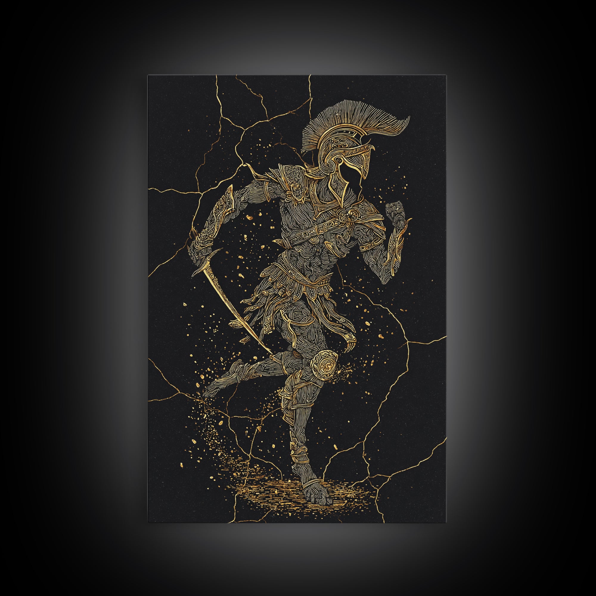 Canvas Gold Canvas Print, Spartan Runner Wall Art, Mythology Warrior Decor, Real Wood Frame, Ancient Greek Hero Artwork