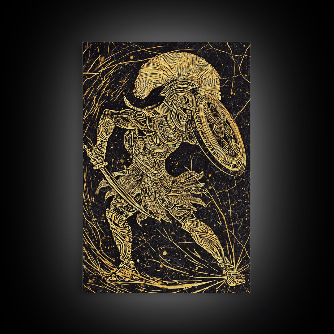 Canvas Gold Art, Ancient Greek Warrior With Shield, Mythology Inspired Wall Decor, Real Wood Frame, Heroic Battle Artwork