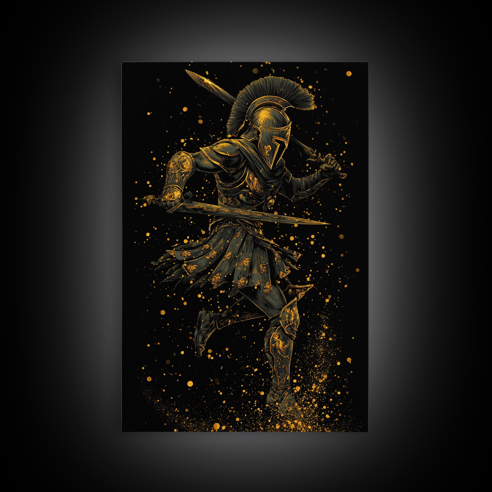 Canvas Gold Canvas Print, Spartan Warrior With Swords, Mythology Hero Decor, Real Wood Frame, Ancient Greek Soldier Artwork