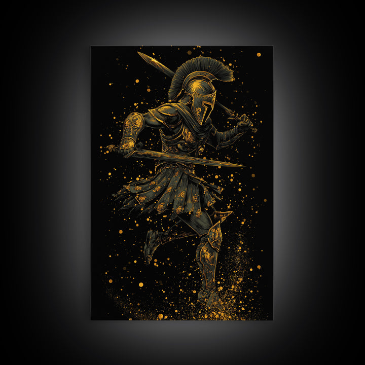 Canvas Gold Canvas Print, Spartan Warrior With Swords, Mythology Hero Decor, Real Wood Frame, Ancient Greek Soldier Artwork