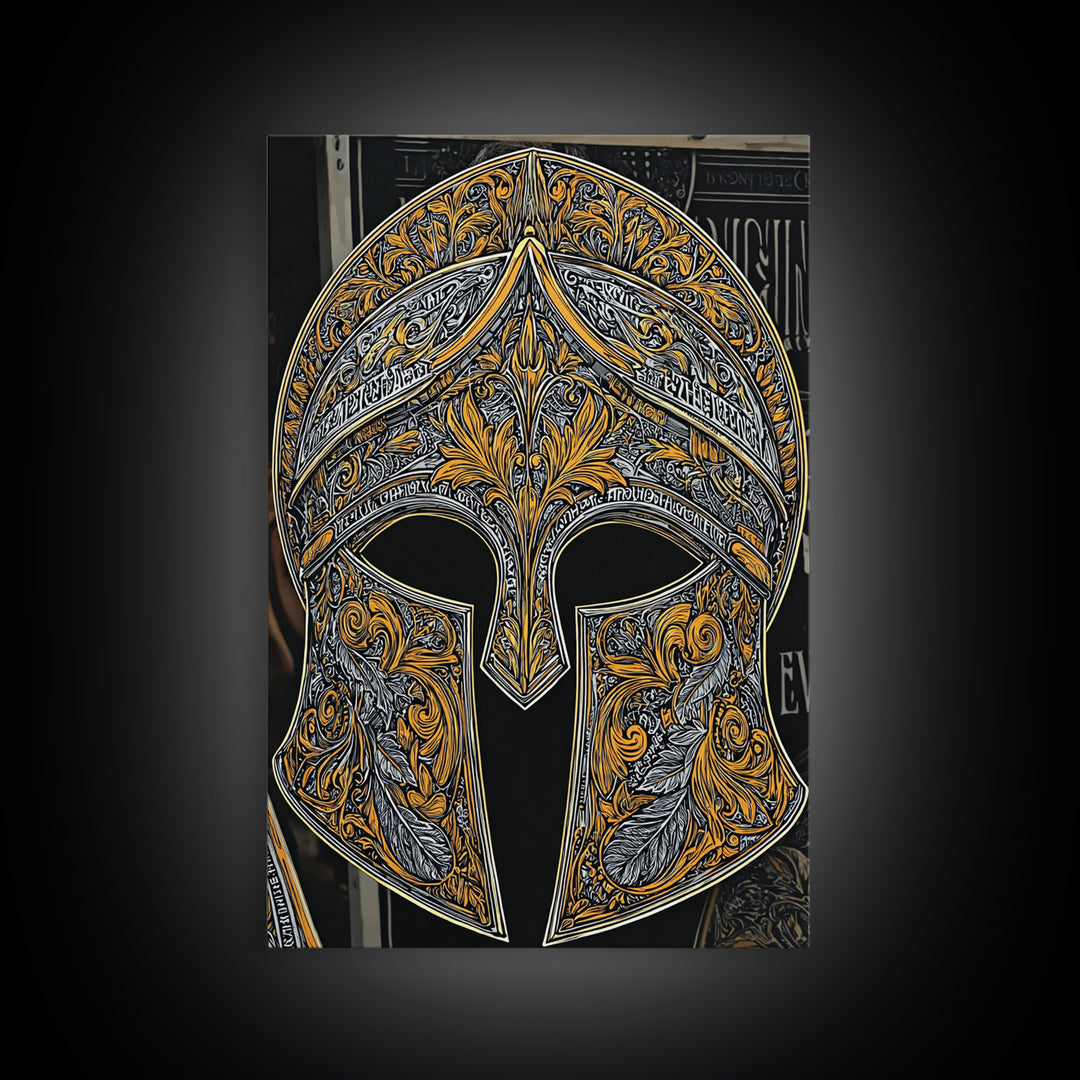 Antique Spartan Helmet with Mythical Inscriptions – Canvas Gold Art, Real Wood Framed Canvas Art, Aged Warrior Helmet Wall Art