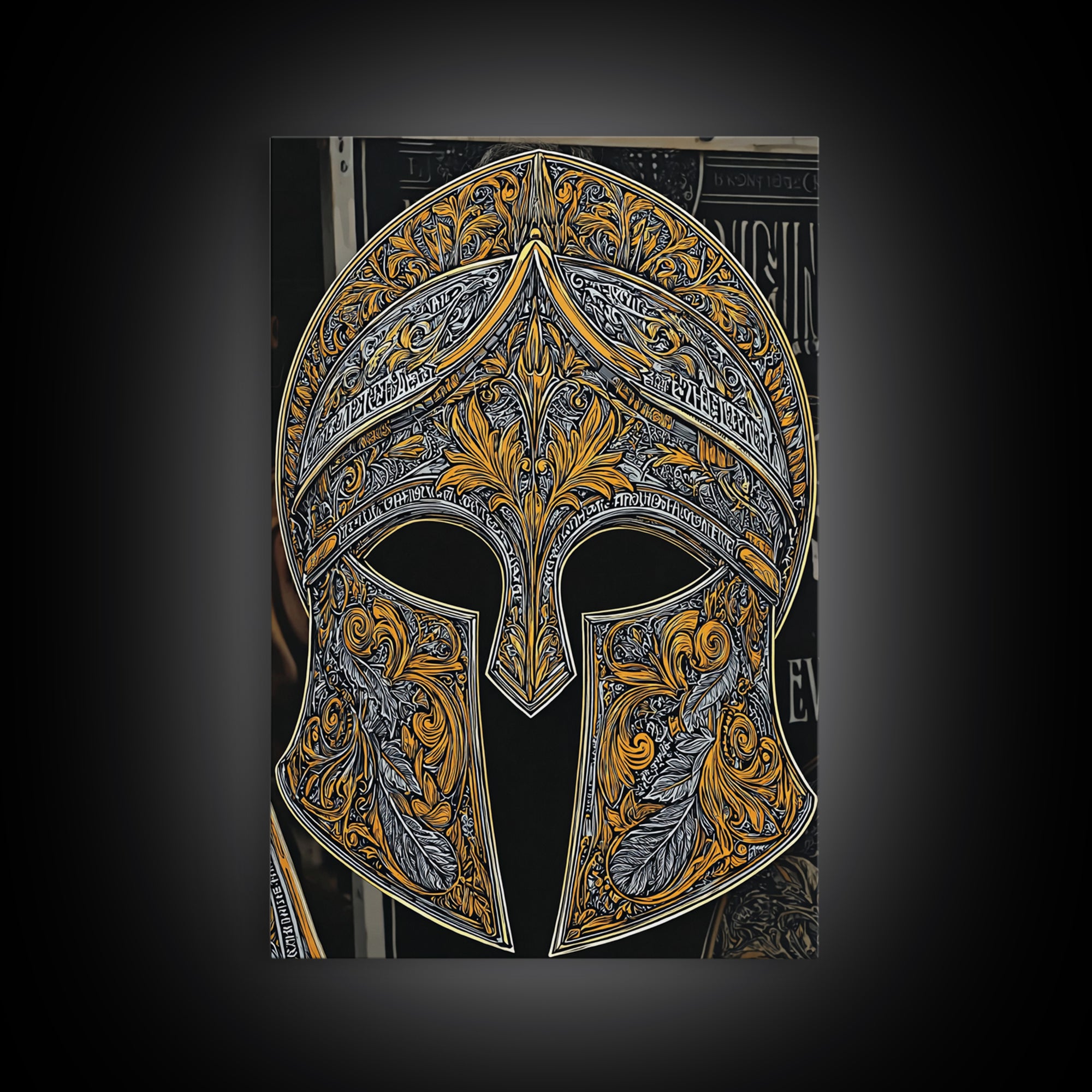 Antique Spartan Helmet with Mythical Inscriptions – Canvas Gold Art, Real Wood Framed Canvas Art, Aged Warrior Helmet Wall Art