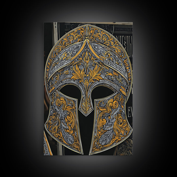 Antique Spartan Helmet with Mythical Inscriptions – Canvas Gold Art, Real Wood Framed Canvas Art, Aged Warrior Helmet Wall Art