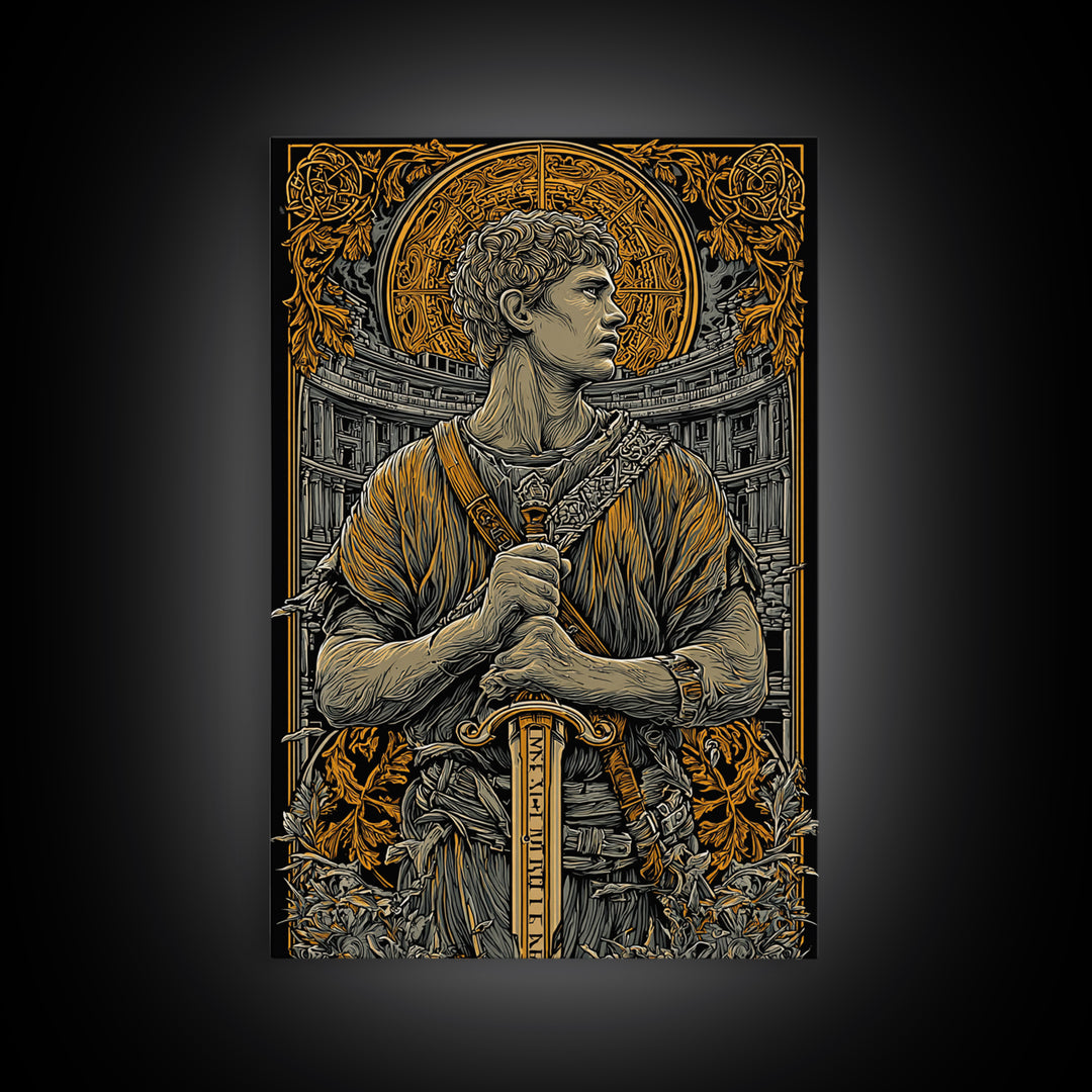 Canvas Gold Art, Roman Warrior Wall Print, Mythology Inspired Decor, Real Wood Frame, Ancient Empire Hero Artwork