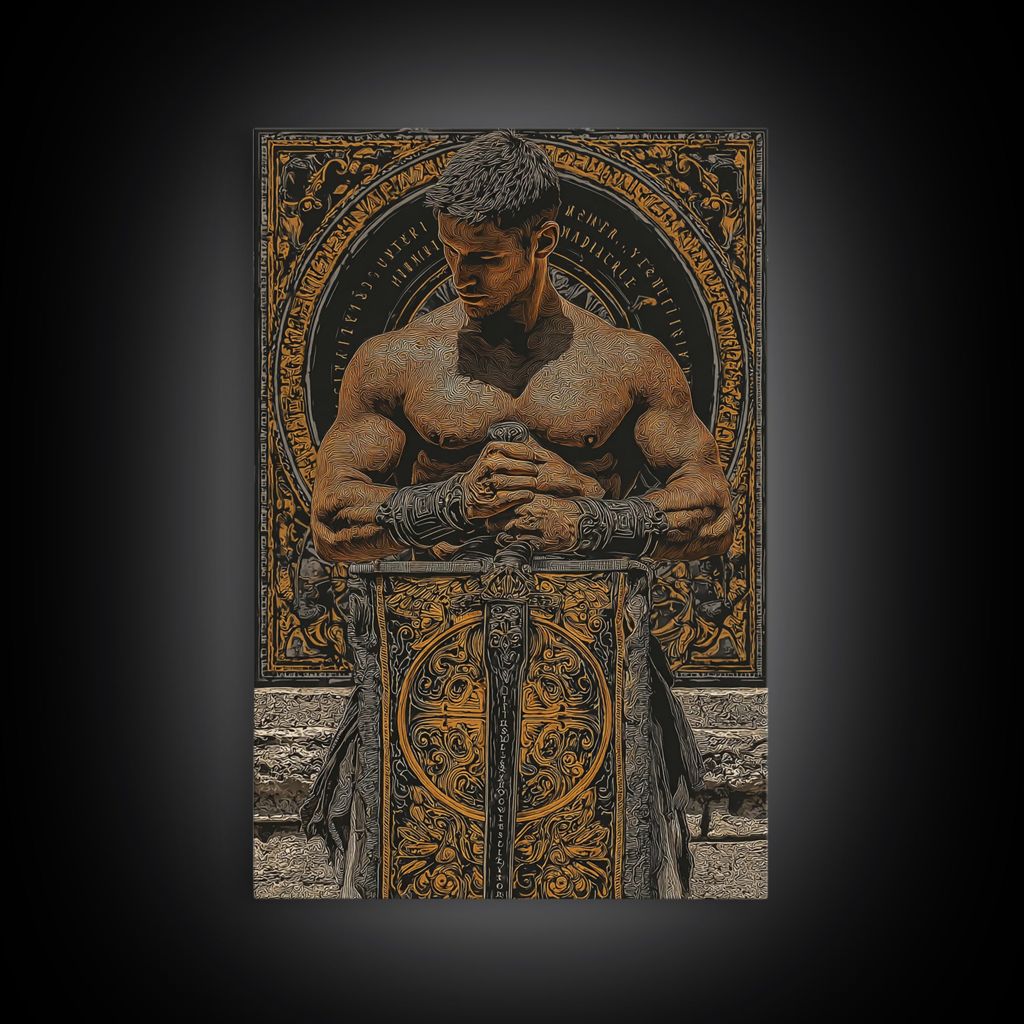 Roman Warrior With Ornate Shield, Canvas Gold Canvas Print, Mythology Wall Art, Gladiator Decor, Real Wood Framed Artwork