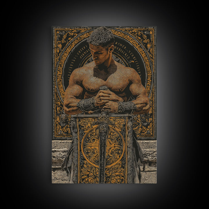 Roman Warrior With Ornate Shield, Canvas Gold Canvas Print, Mythology Wall Art, Gladiator Decor, Real Wood Framed Artwork