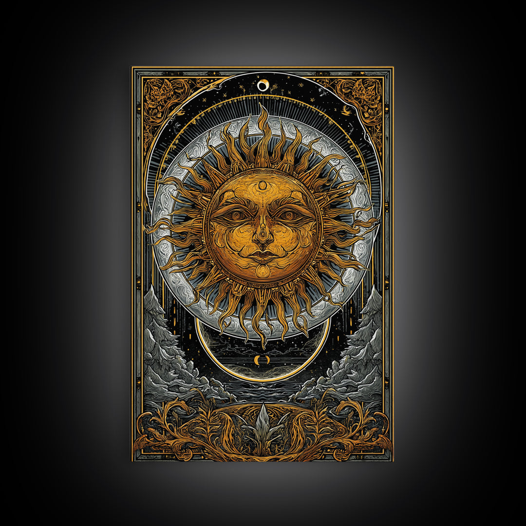 Celestial Sun And Moon Design, Canvas Gold Art, Astrology Wall Print, Mystical Home Decor, Real Wood Frame Mythic Artwork
