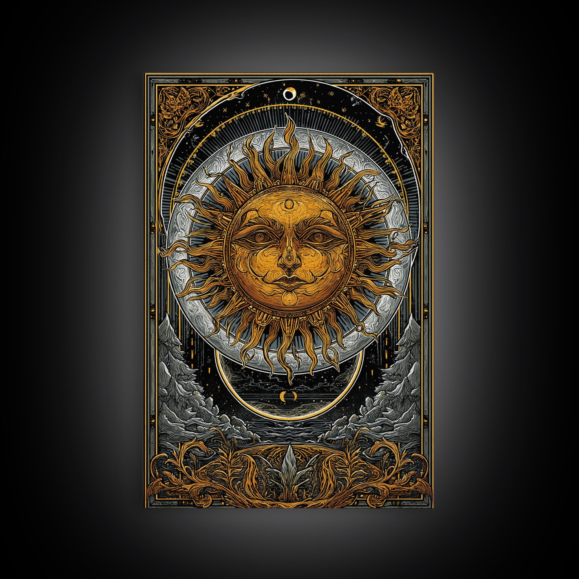 Celestial Sun And Moon Design, Canvas Gold Art, Astrology Wall Print, Mystical Home Decor, Real Wood Frame Mythic Artwork