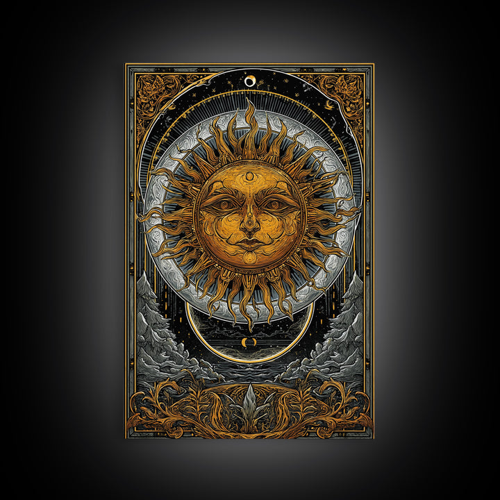 Celestial Sun And Moon Design, Canvas Gold Art, Astrology Wall Print, Mystical Home Decor, Real Wood Frame Mythic Artwork