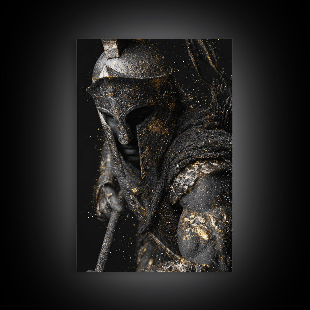 Spartan Warrior Helmet Portrait, Canvas Gold Canvas Print, Greek Soldier Wall Art, Heroic Decor, Real Wood Frame Artwork