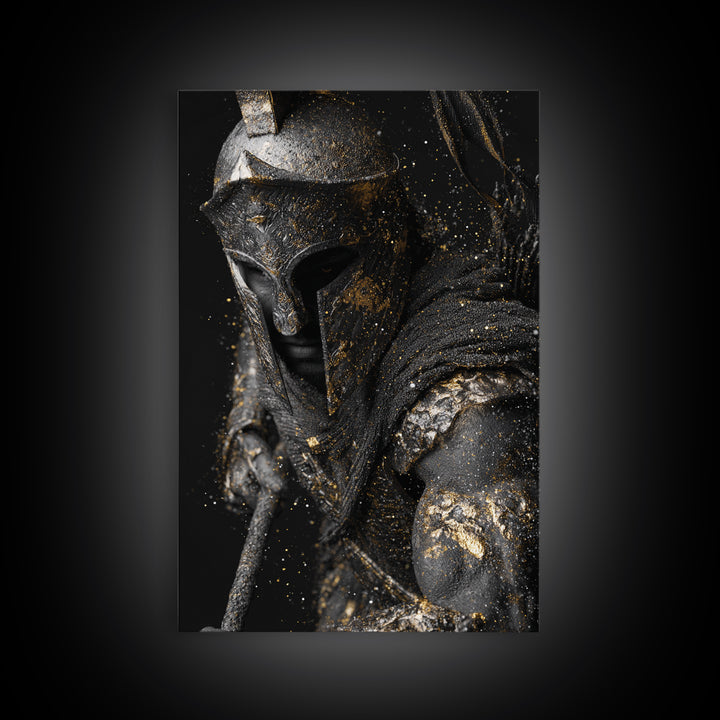 Spartan Warrior Helmet Portrait, Canvas Gold Canvas Print, Greek Soldier Wall Art, Heroic Decor, Real Wood Frame Artwork