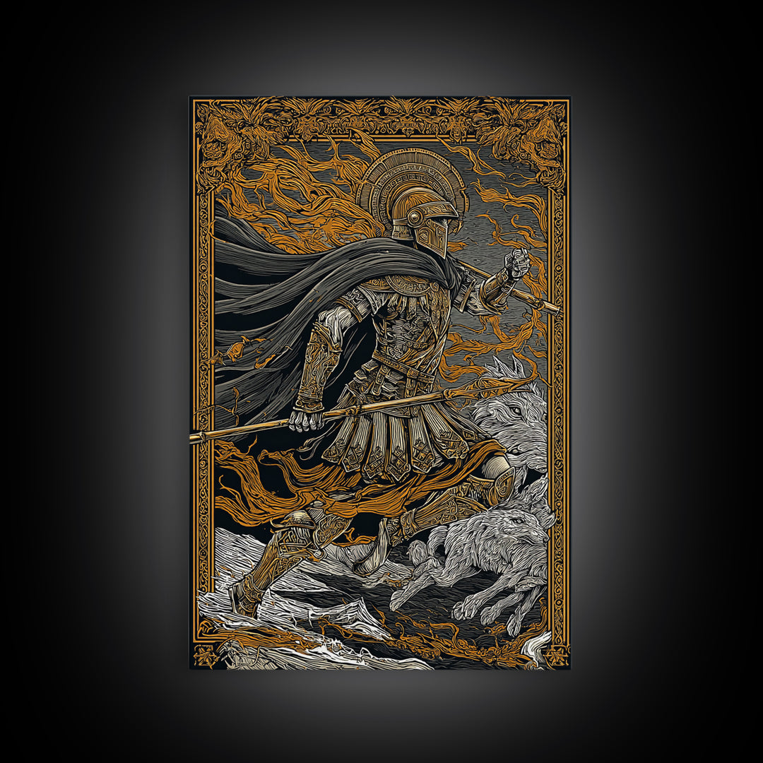 Ancient Warrior With Spear, Canvas Gold Canvas Print, Mythology Wall Art, Battle Scene Decor, Real Wood Frame Epic Artwork