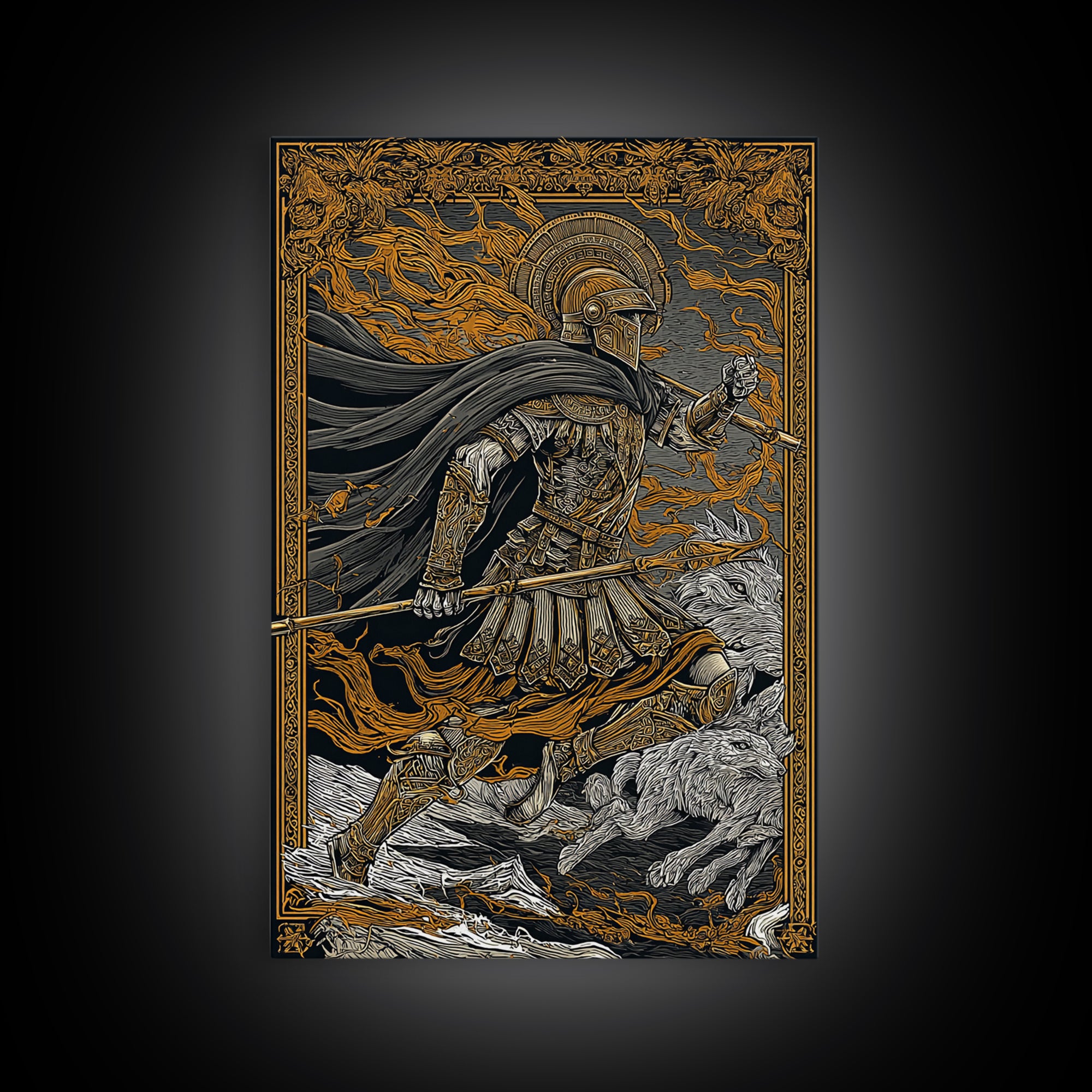 Ancient Warrior With Spear, Canvas Gold Canvas Print, Mythology Wall Art, Battle Scene Decor, Real Wood Frame Epic Artwork
