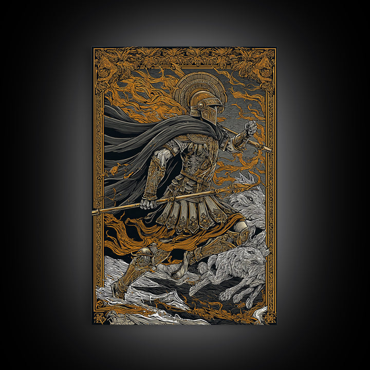 Ancient Warrior With Spear, Canvas Gold Canvas Print, Mythology Wall Art, Battle Scene Decor, Real Wood Frame Epic Artwork