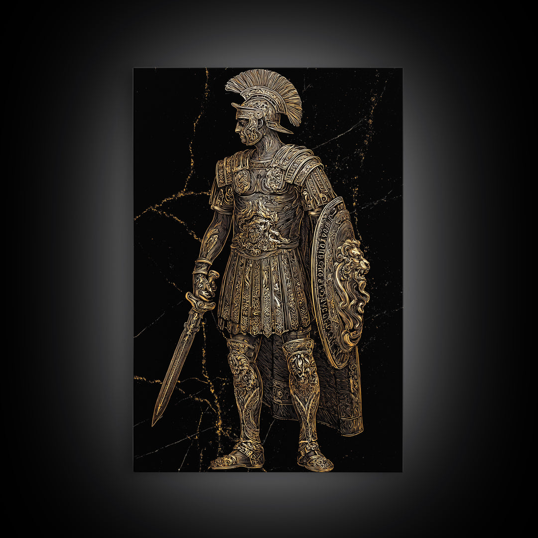 Roman Soldier With Lion Shield, Canvas Gold Canvas Print, Gladiator Wall Art, Mythology Decor, Real Wood Frame Artwork