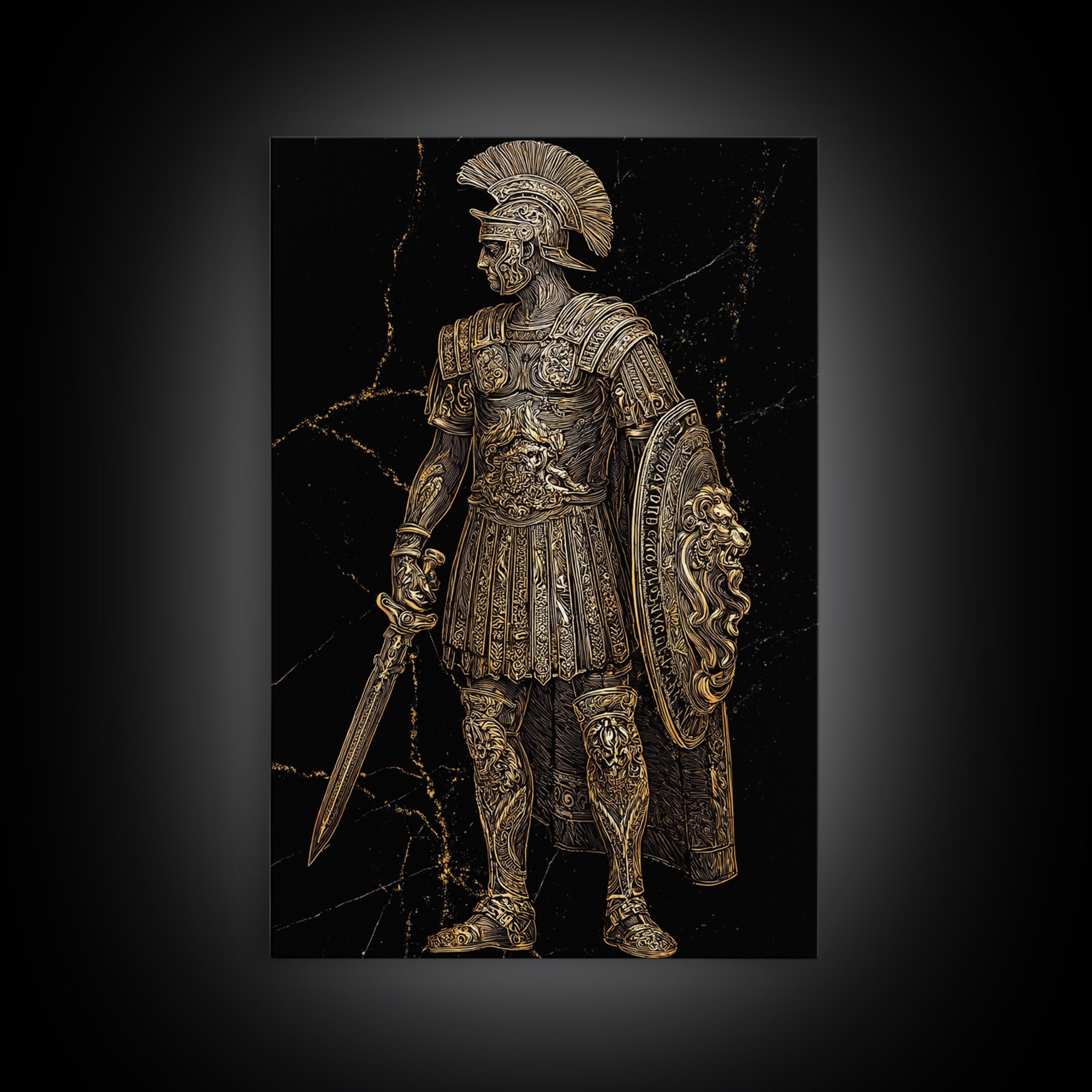 Roman Soldier With Lion Shield, Canvas Gold Canvas Print, Gladiator Wall Art, Mythology Decor, Real Wood Frame Artwork