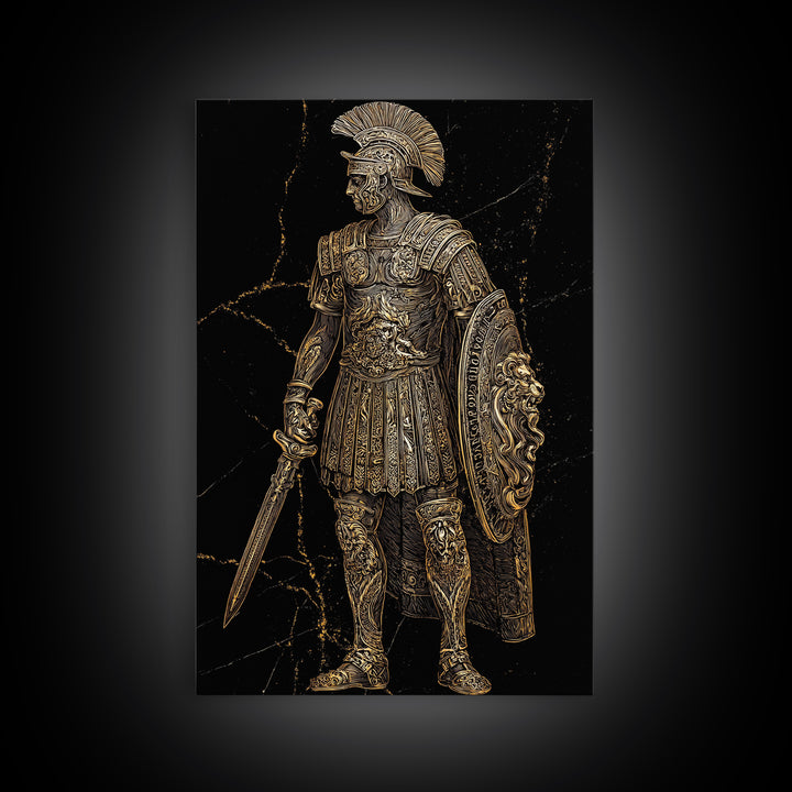 Roman Soldier With Lion Shield, Canvas Gold Canvas Print, Gladiator Wall Art, Mythology Decor, Real Wood Frame Artwork