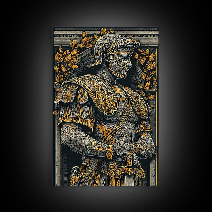 Classic Roman Bust In Armor, Canvas Gold Art, Ancient Warrior Wall Print, Mythology Home Decor, Real Wood Frame Artwork