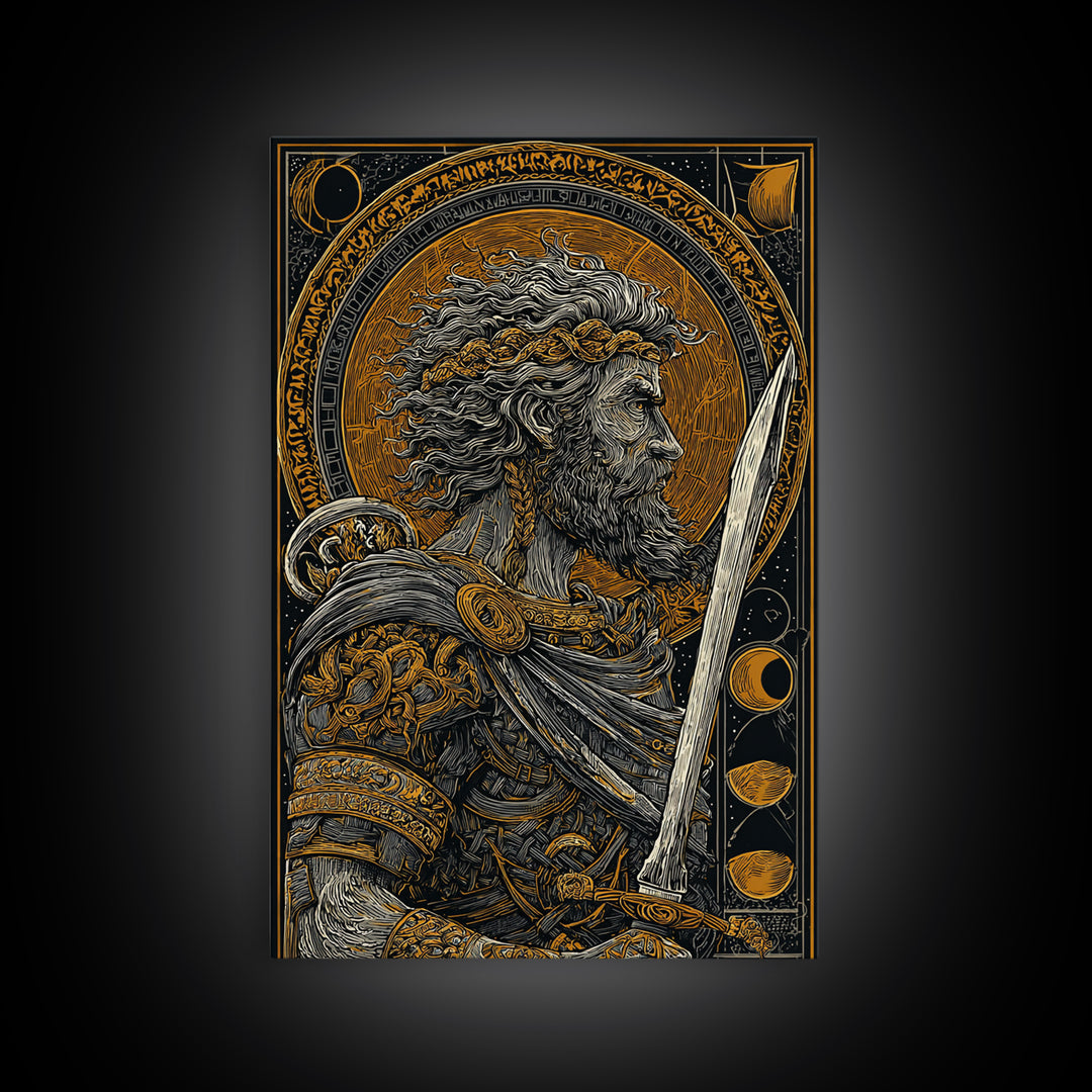 Warrior With Sword And Laurel, Canvas Gold Canvas Print, Greek Myth Wall Art, Heroic Decor, Real Wood Frame Epic Artwork
