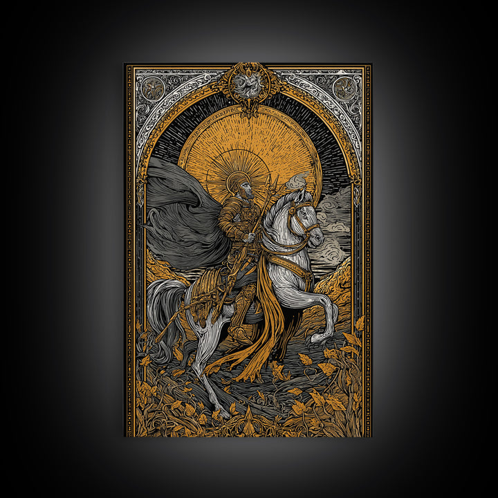 Knight On Horseback With Sun, Canvas Gold Canvas Print, Mythology Wall Art, Ancient Decor, Real Wood Frame Battle Artwork