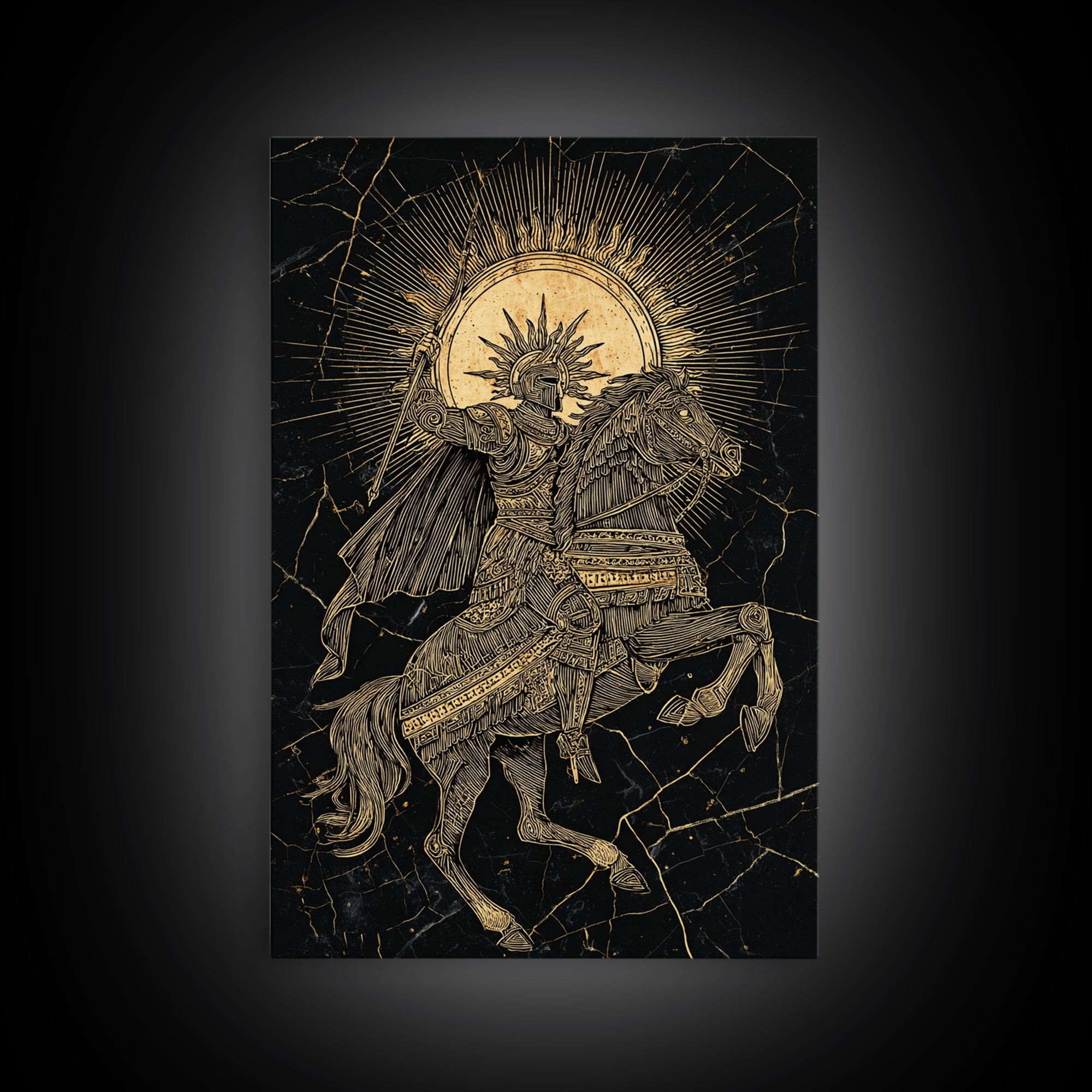 Heroic Warrior On Horseback, Canvas Gold Art, Ancient Soldier Wall Print, Mythology Decor, Real Wood Frame Epic Artwork