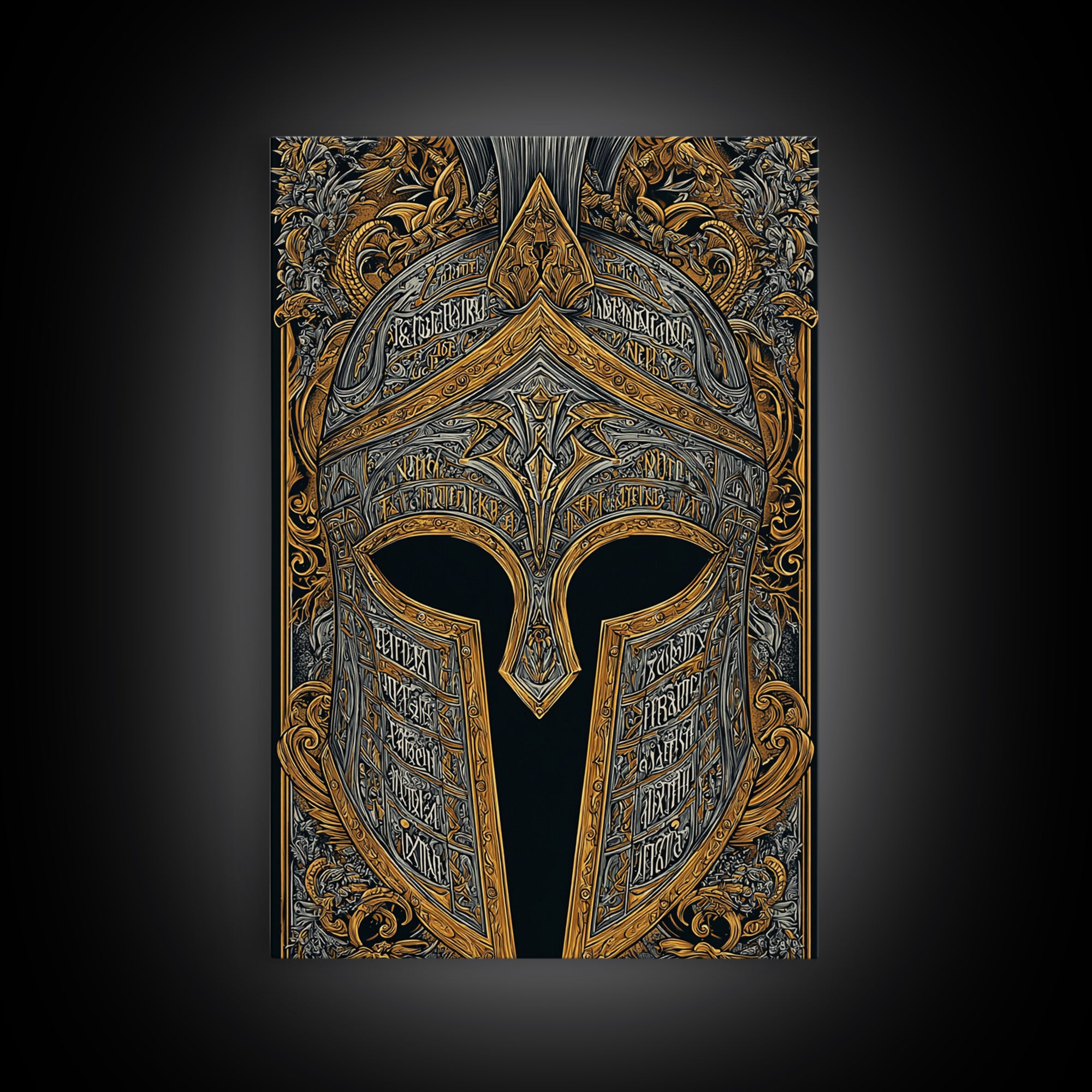 Engraved Bronze Helmet with Greek Script – Canvas Gold Art, Rustic Framed Canvas Art, Mythology-Inspired Warrior Wall Accent
